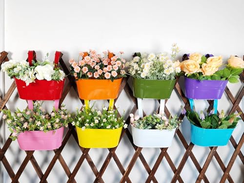8 Pack 12" Colorful Metal Railing Planters with Hooks for Outdoor Fence (8 Count)