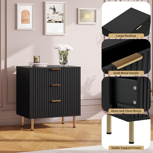Fluted Black 3 Drawer Dresser for Bedroom with Deep Drawers