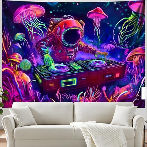 Blacklight Space Astronaut Tapestry UV Reactive Galaxy Planet Glow in Dark Tapestries Black Light Poster Neon Wall Hanging Art for bedroom Living Room