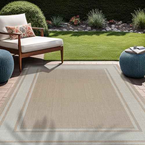 Outdoor Rug 6x9 Modern Bordered Area Rugs for Indoor and Outdoor Patio Deck Porch Garden Waterproof Weather Sun Resistant Washable Outside Carpet (54 Sq Ft)
