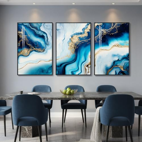 Large Framed Blue and Gold Abstract Wall Art for Living Room (3 Count)