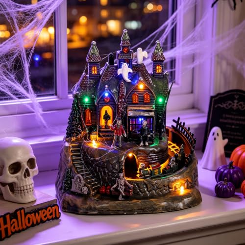 Halloween Village Animated Lighted Haunted House with Moving Train