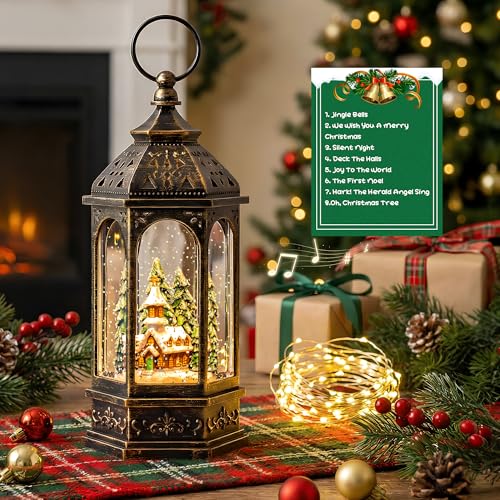 Christmas Snow Globe Lantern Lighted Church Musical Snow Water Lantern Swirling Glittering Home Decoration and Gift