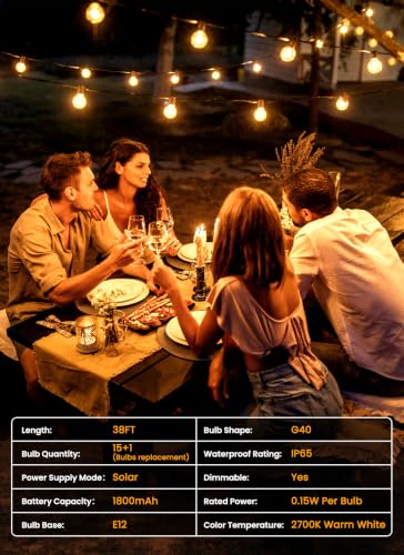 38FT 16LED Solar String Lights Outdoor with Remote & USB Port (38 Foot)
