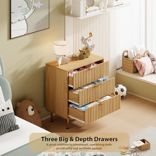 Fluted Natural 3 Drawer Dresser for Bedroom with Deep Drawers