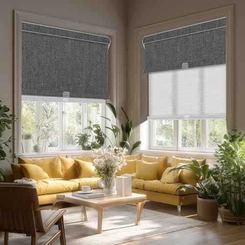 Cordless Dual Roller Shades.Dark Grey Linen & White.67 W x 48" H