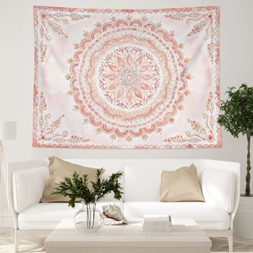 Boho Floral Mandala Tapestry Wall Hanging Pink Bohemian Flower Medallion Tapestry Aesthetic Watercolor Hippie Indian Small Tapestries for Bedroom Living Room Dorm Decor 60 x 44 Inch