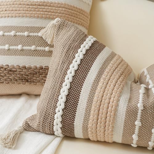 Brown Decorative Throw Pillow Cover 18x18 Square Boho Accent Pillowcase Tassels Farmhouse Cushion for Couch Sofa Bedroom Livingroom Home Décor Cover ONLY