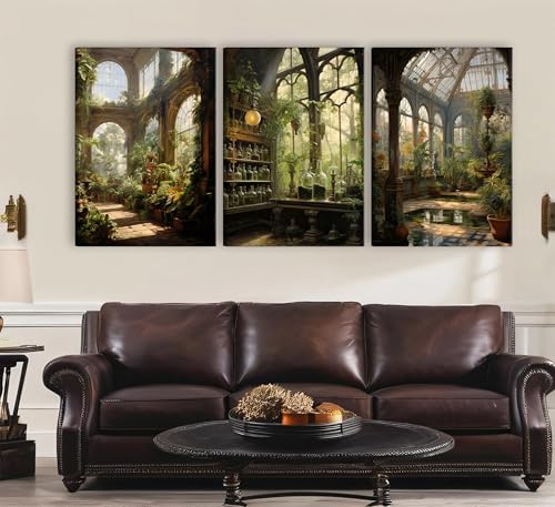 3pcs Framed William Morris Green Plants Canvas Wall Art Medieval Castle Posters Prints Gothictalian Landscape Painting Pictures Paintings Wall Decor for Living Room Bathroom Bedroom Decoration (3 Count)