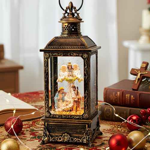 Christmas Snow Globe Swirling Glittering Angel & Nativity Scene with Music