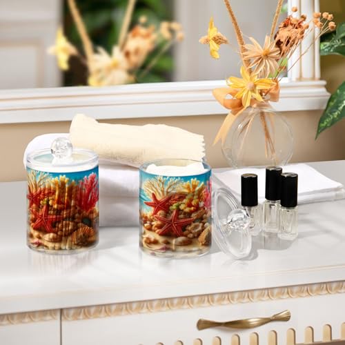 2 Pack Qtip Holder Organizer Dispenser Starfish Coral Seashell Summer Beach Bathroom Storage Canister Cotton Ball Holder Container for Cotton Pads (2 Count)