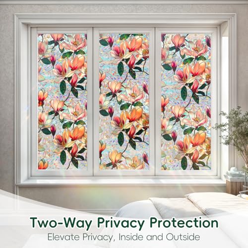 Window Privacy Film Decorative Stained Glass Window Film Rainbow Magnolia Floral Static Cling Non (666.1652 sq inch)