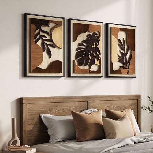 Framed Wood 3D Boho Tropical Botanical Wall Decor Art Bedroom (3 Count)