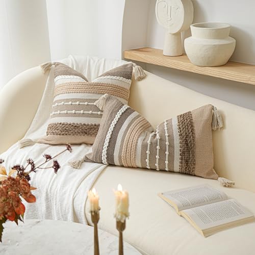 Decorative Lumbar Throw Pillow Cover 14x24 Boho Brown Accent Cushion for Couch Sofa Farmhouse Pillowcase for Bedroom Living Room Home Décor Cover ONLY