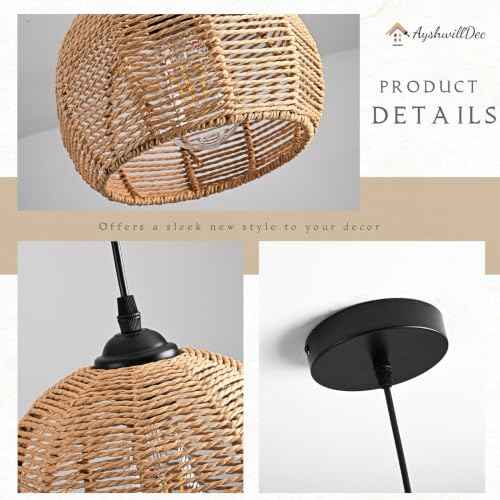 2 Pack Wicker Pendant Light Natural Woven Pendant Light Boho Chandelier Light Fixture Dome Rustic Farmhouse Pendant Lights Rattan Light Fixture for Kitchen Island Dining Room