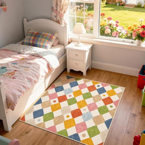 4x4 Square Rug Washable Kids Rug Colorful Checkered Play Mat (16 Sq Ft)