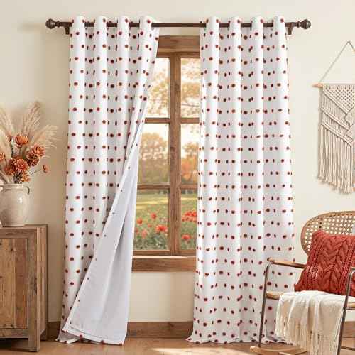 Boho Blackout Curtains for Bedroom with Brick Red Pom Pom Sheer 90 Inch Long 100% Room Darkening Thermal Insulated Curtain for Kids Nursery Living Room Grommet 50" x 90"