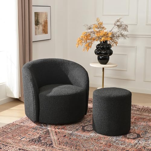 34" W Mid Century Modern Boucle Swivel Barrel Chair