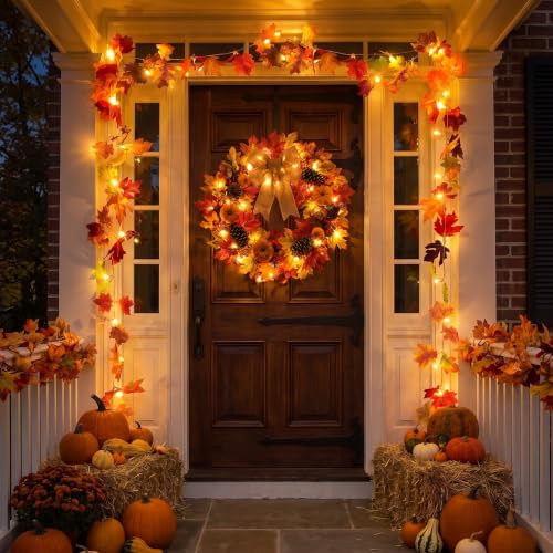 2 Pack Fall Garland with Lights Decoration 20 Ft 60 Led (20 Foot)