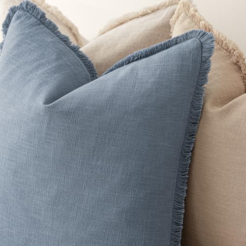 Decorative Linen Fringe Throw Pillow Covers 22×22 Misty Blue (2 Count)
