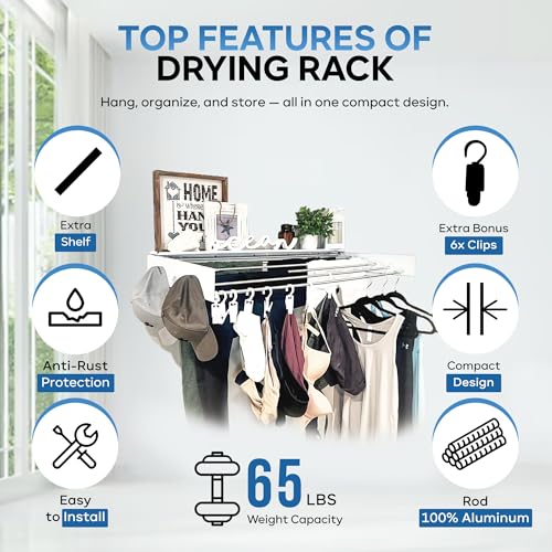 40" Premium Aluminium Foldable Clothes Drying Rack Included Shelf with 6 Rods & 6 Extra Clips
