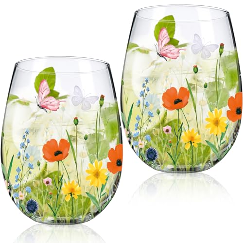 2 Pack 17oz Wildflower Stemless Wine Glasses Floral Butterfly Drinking Glasses Spring Flowers Tumbler Cups for Graduation Wedding Mother's Day Birthday Drinking Party Favors (2 Count)