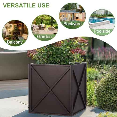 Metal Square Planter Box Tall Planters for Outdoor Plants Modern Heavy Duty with Drainage Holes for Outside Indoor Patio Deck