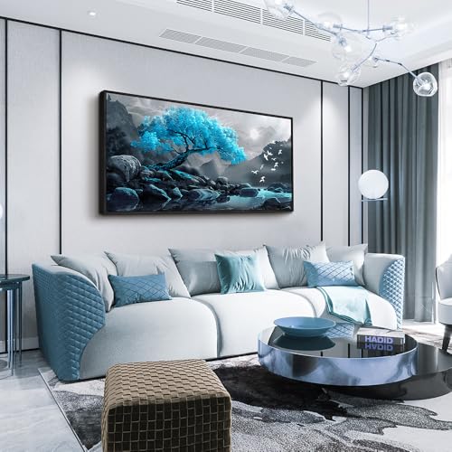 Large Black Framed Wall Decor For Living Room Canvas Wall Art For Office Modern Wall Decorations For Bedroom Blue Tree Landscape Painting Farmhouse Pictures Artwork Home Decor 24x48 In