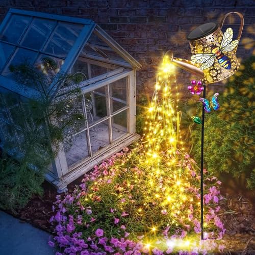 Solar Metal Watering Can with Bee and Cascading Lights Outdoor Decor