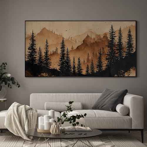 36"x72" Extra Large Framed Wall Art Rustic Mountain Pine Forest Silhouette in Warm Earth Tones for Home Living Room Bedroom Decor