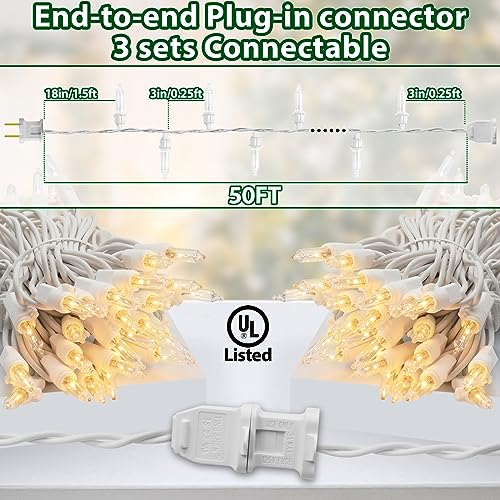 Clear Christmas Lights 50FT 200 Incandescent Bulbs Warm White Mini Lights with White Wire for Christmas Tree