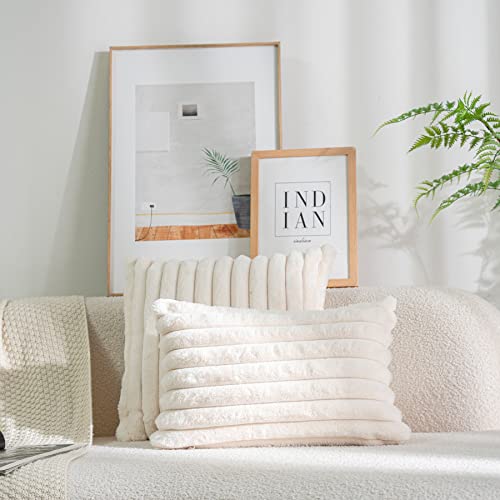 Pack of 2 Faux Fur Plush Decorative Throw Pillow Covers Fuzzy Striped Soft Pillowcase Cushion Covers for Sofa Couch Bedroom 20x20 inch (2 Count)