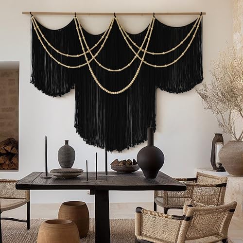 Macrame Wall Hanging Black Yarn Tapestry Boho Fiber Art Decor 57"W*43"L