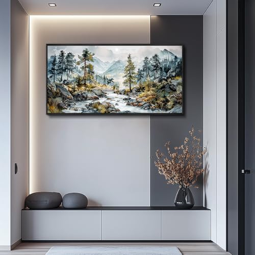 Large Canvas Printing Pictures Artwork Wall Art For Bedroom Wall Decor For Living Room Office Rivulet View Painting Forest Tree Landscape Restaurant Mural Home Decor 20x40 In Black Framed