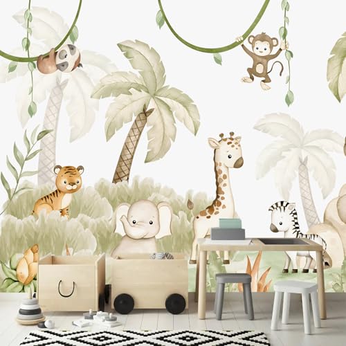 Safari Wallpaper Watercolor Animal Nursery wall murals for Kids Room 114"x74"