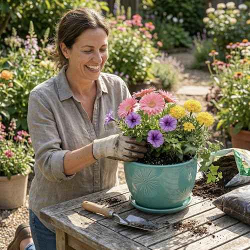 7 Inch Turquoise Ceramic Planter Pot with Drainage Hole & Saucer