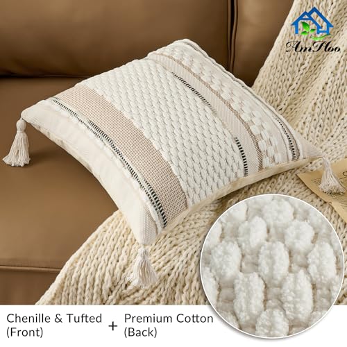 Chenille Striped Textured Boho Throw Pillow Covers Aesthetic with Tassels Woven Decorative Pillow Case for Couch Bed Sofa Bedroom Modern Funky 18 x 18