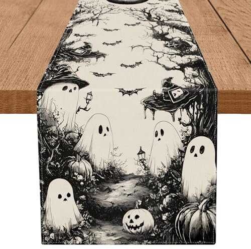 Halloween Table Runner Black Ghost Holiday Burlap Table Decoration Indoor Outdoor Home Decor Party Supply 13 x 120 Inch