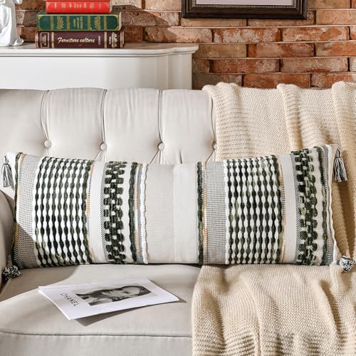 Chenille Striped Textured Boho Throw Pillow Covers Aesthetic with Tassels Woven Decorative Pillow Case for Couch Bed Sofa Bedroom Modern Funky 14 x 36