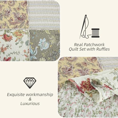 3 Piece Quilt Set Queen Size Quilted Bedspread Reversible Country Style Floral Real Patchwork Bedding Quilt Set with Ruffles with Pillowcases for All Seasons