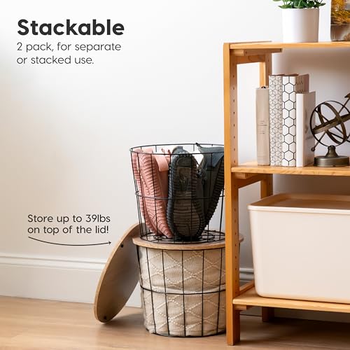 Round Wire Basket with Wooden Lid (2 Count)