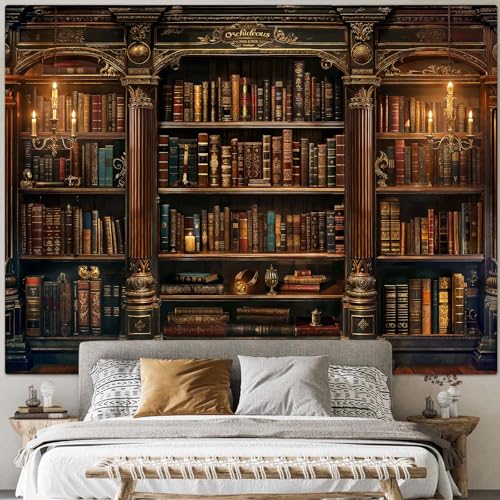 Vintage Bookshelf Tapestry Medieval Art Book Tapestries Wall Hanging Gothic Dark Academia Retro Library Backdrop Tapestry for Bedroom Living Room Dorm Study Classroom 90× 68 inch