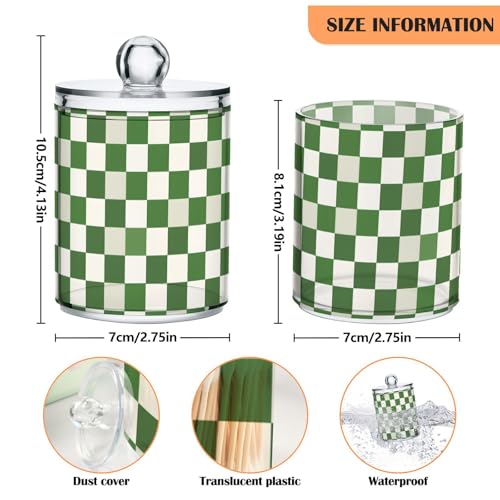 2 Pack Qtip Holder Organizer Dispenser Green White Checkered Pattern Bathroom Storage Canister Cotton Ball Holder Container for Cotton Pads (2 Count)