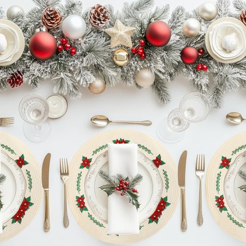 4Pcs Round Christmas Flower Placemats Embroidered Xmas Poinsettia Place Mats Decorative Dinner Table Mats for Holiday Party Decor (4 Count)