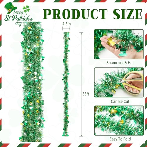 33 FT St Patricks Day Garland with Gold Green Shamrock Hat Tinsel Garland (33 Foot)