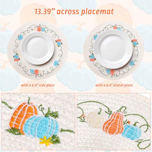 4 Pcs Round Fall Placemats Pumpkin Embroidered Place Mats Autumn Dinner Table Mats for Home Harvest Thanksgiving Holiday Party Decor (4 Count)