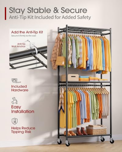 Clothes Rack 33.0" x 12.2" x 79.5" Clothing Rack with Shelves & Wheels