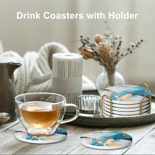 6 Pcs Light Blue Marble Abstract Ceramic Coasters with Holder for Table (6 Count)