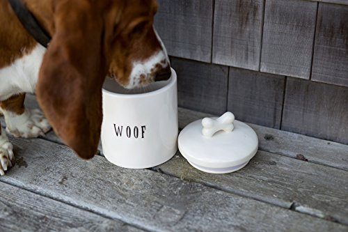 Ceramic Dog Treat Jar with Woof Message and Bone Handle Lid