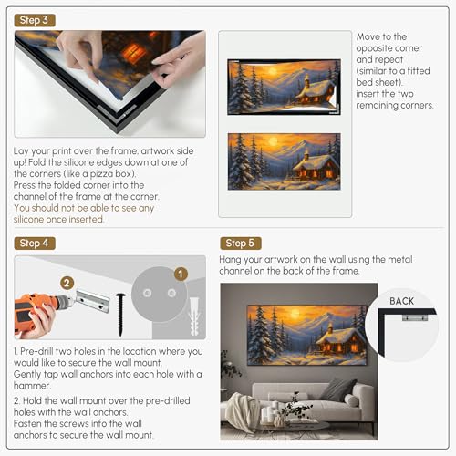 36"x72" Extra Large Framed Wall Art Cozy Cabin in Snowy Mountain Landscape at Sunset for Home Living Room Bedroom Decor